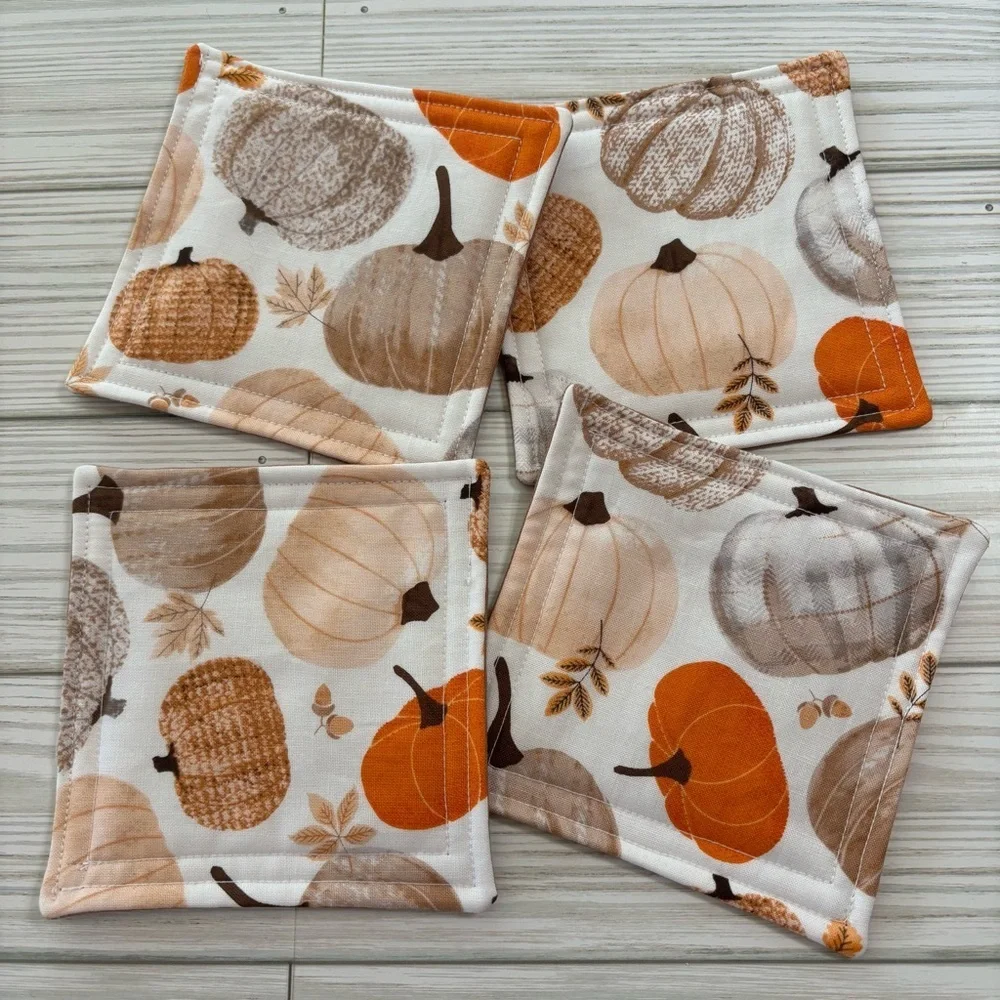 Handmade Fall Pumpkin Farmhouse Washable Reusable Fabric Coasters Set of 4